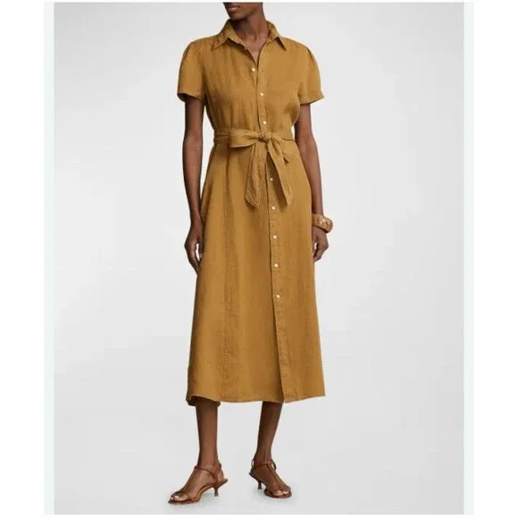 Ralph Lauren | Dresses | Polo Ralph Lauren Belted Striped Midi Linen  Shirtdress Golden Brown Sz 6 | Poshmark